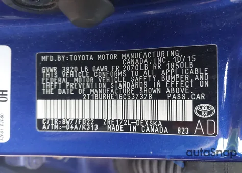 2016 Toyota Corolla S Plus from USA, damaged, VIN 2T1BURHE1GC537378